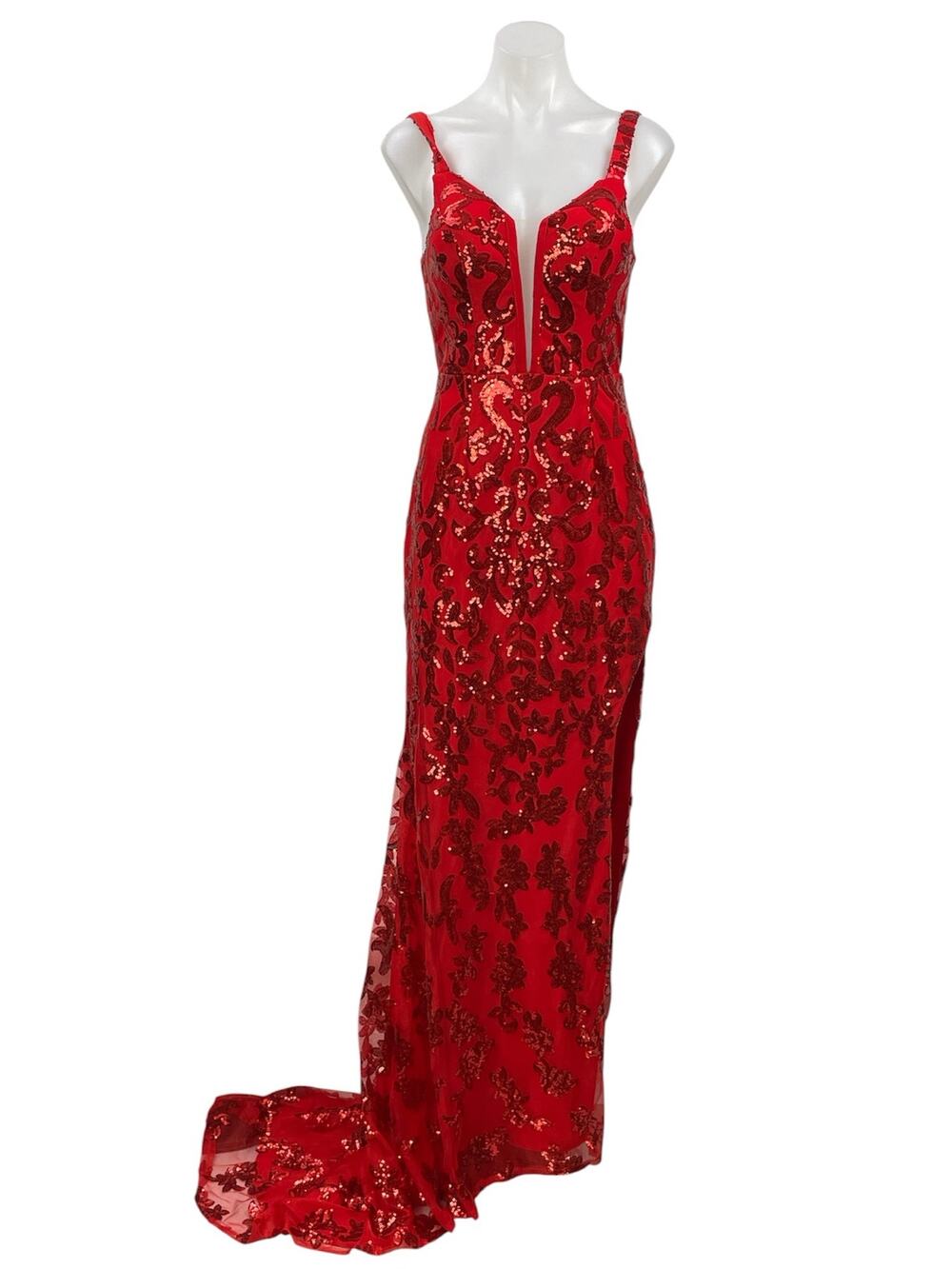HY Red Sequin Sparkly Sleeveless Plunge V Neck Slit Cami A Line Maxi Dress M